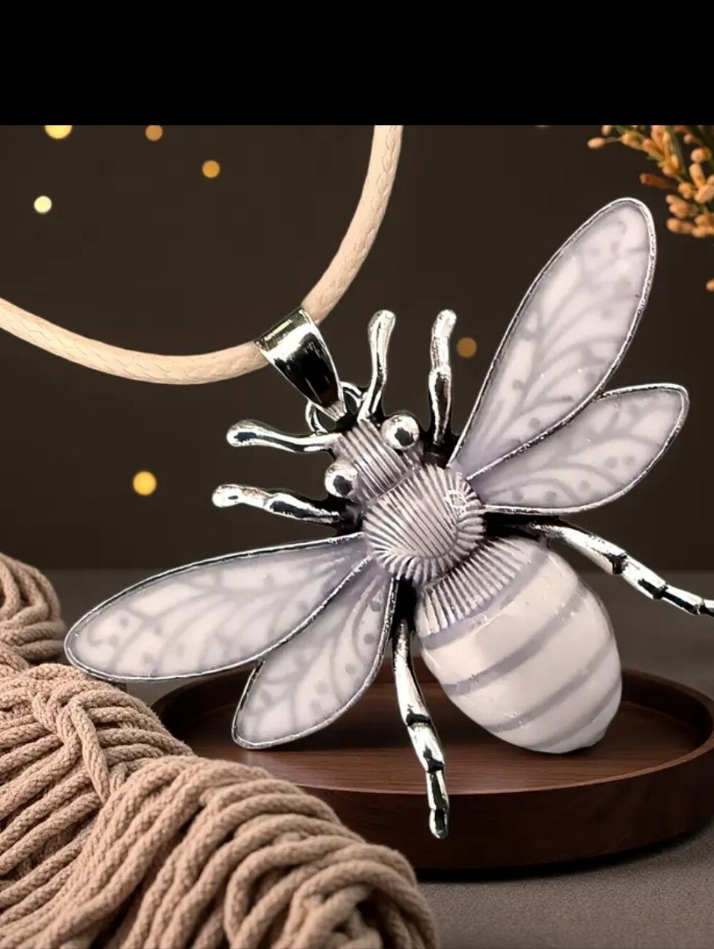 Bee Pendant Necklace in Whiye and Silver. Special Purchase